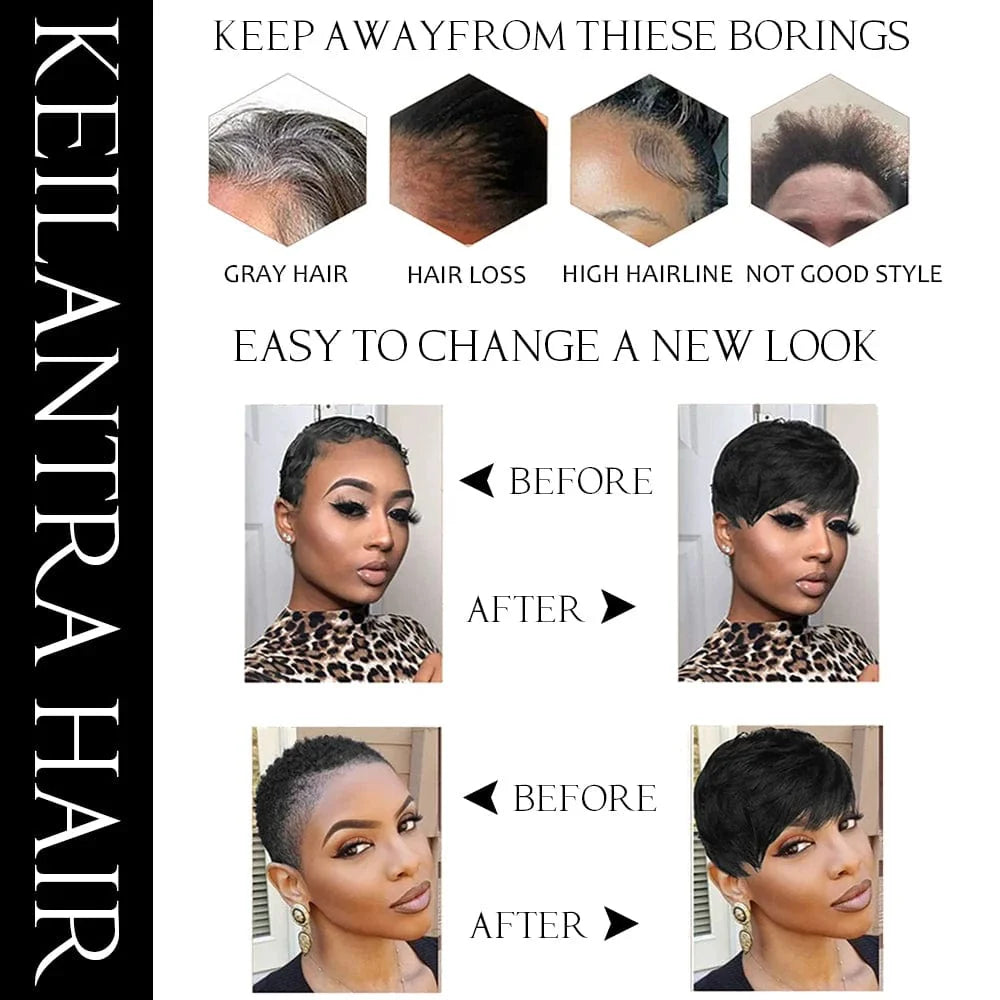 Brown KEILANTRA Pixie Cut human hair wig with bangs for black women, Brazilian Remy, machine-made short wig with natural texture.
