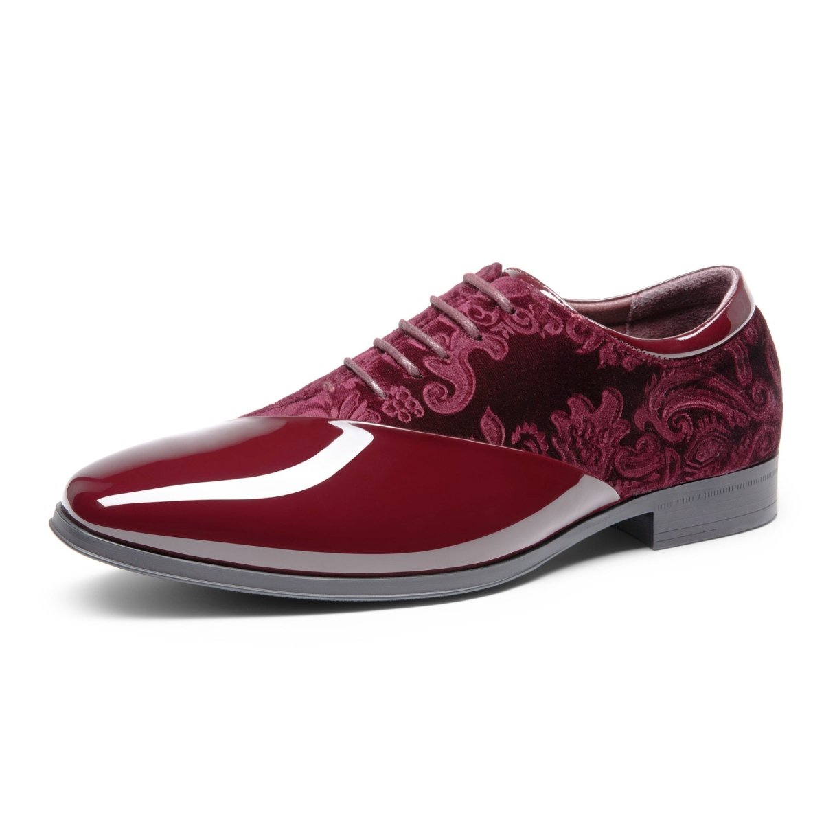Bruno Marc men's tuxedo shoes, classic black patent velvet oxford with lace-up design, formal dress footwear.