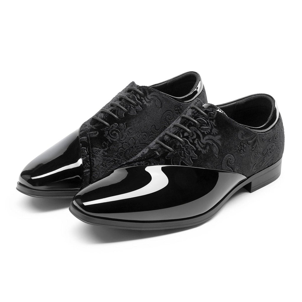 Bruno Marc men's patent velvet tuxedo shoes with lace-up design, classic formal Oxford style, black color, elegant dress footwear