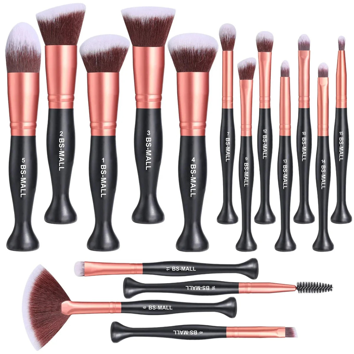 BS-MALL 16-piece makeup brush set with premium synthetic hair, standing upright, showcasing various brush sizes and shapes.