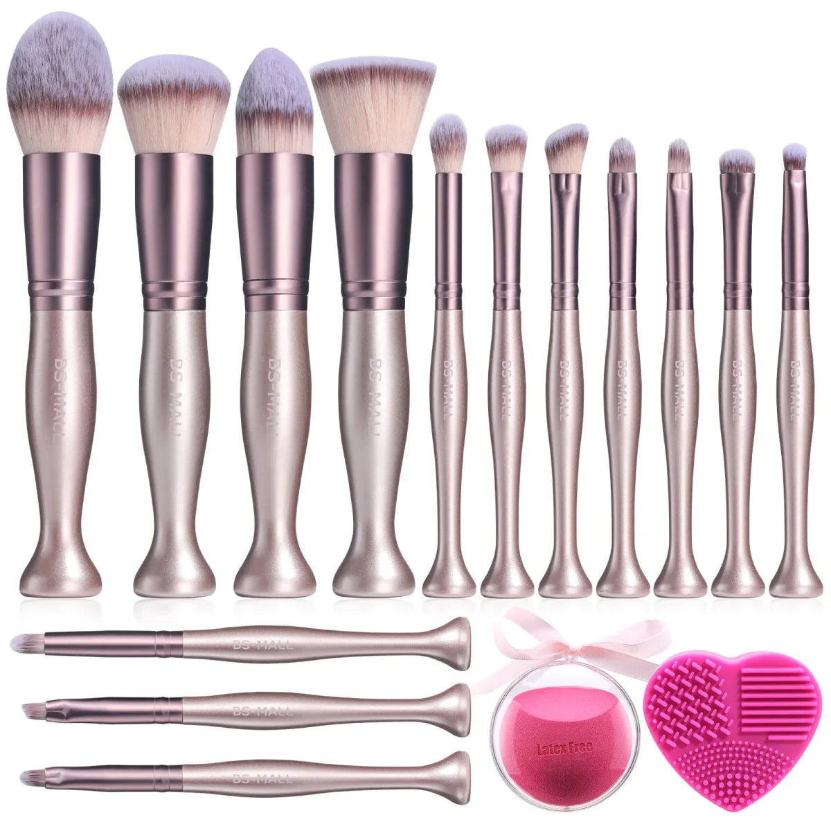 Pink BS-MALL 14-piece makeup brushes set with synthetic hair, included sponge and cleaner, displayed standing upright.