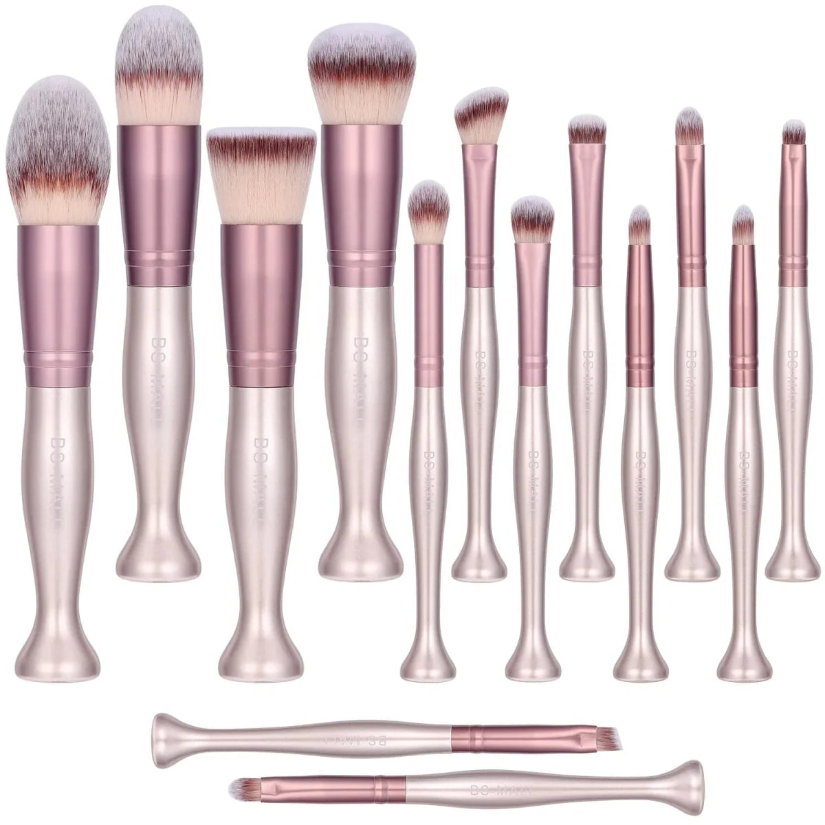 Set of 14 pink BS-MALL makeup brushes with synthetic hair, including sponges and cleaner, arranged upright for makeup application.