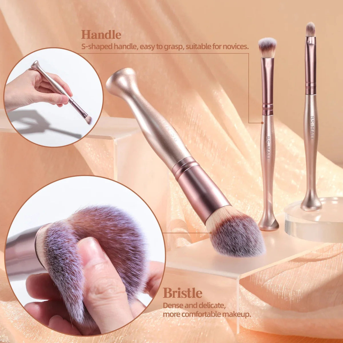 Pink BS-MALL 14-piece makeup brushes set with synthetic hair, sponge, and cleaner displayed upright for precise makeup application.