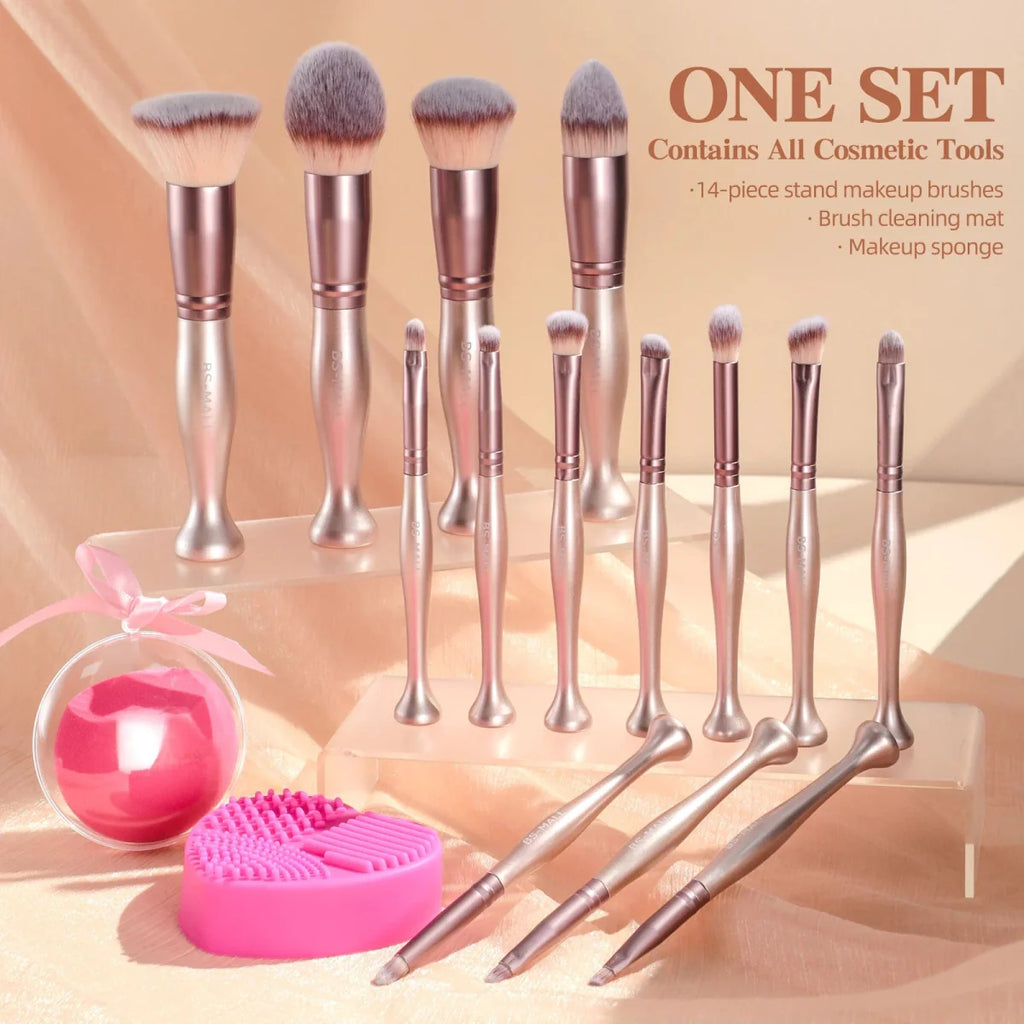 BS-MALL 14-piece pink makeup brush set with synthetic hair, included sponge and cleaner, displayed standing upright.