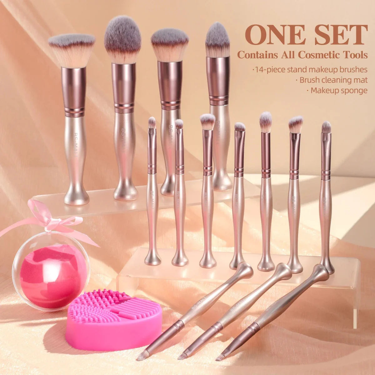 BS-MALL 14-piece pink makeup brush set with synthetic hair, included sponge and cleaner, displayed standing upright.