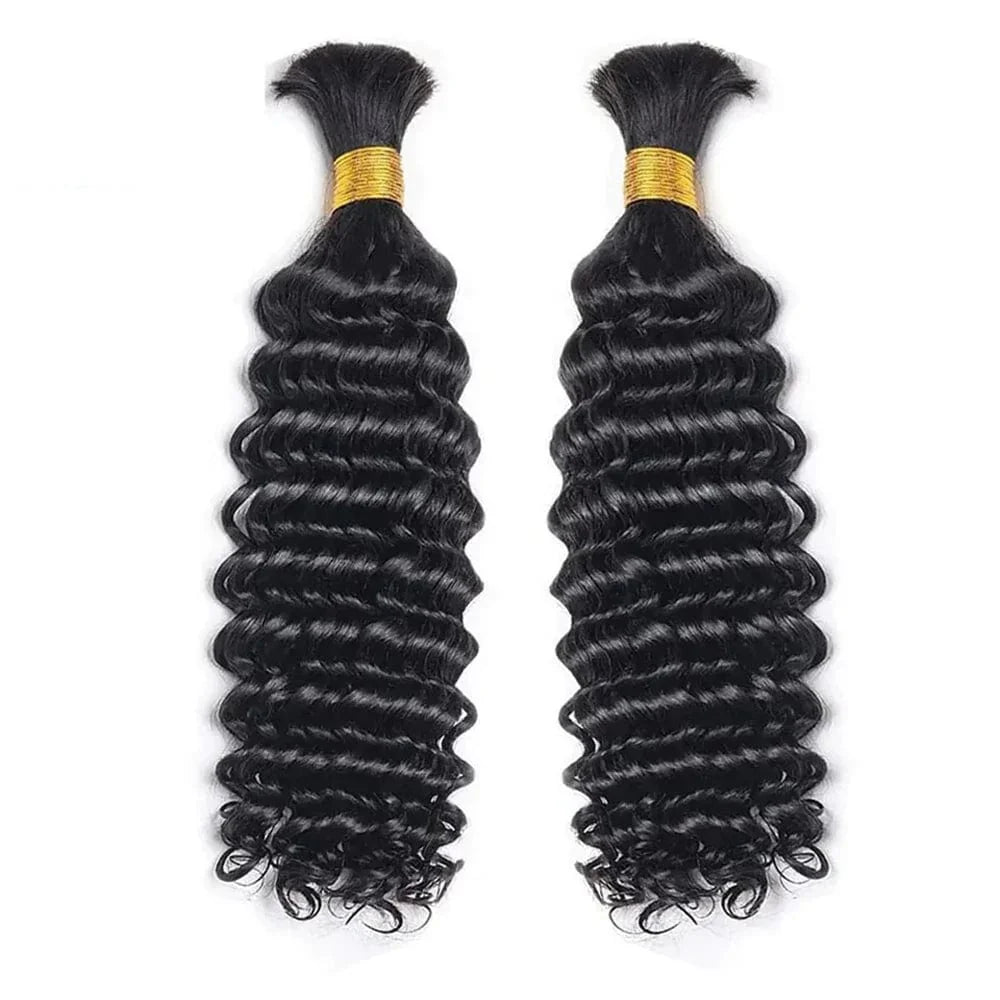 Deep wave Brazilian Remy human hair bulk for boho braids, unprocessed, no weft, showcasing natural curly texture and rich color.