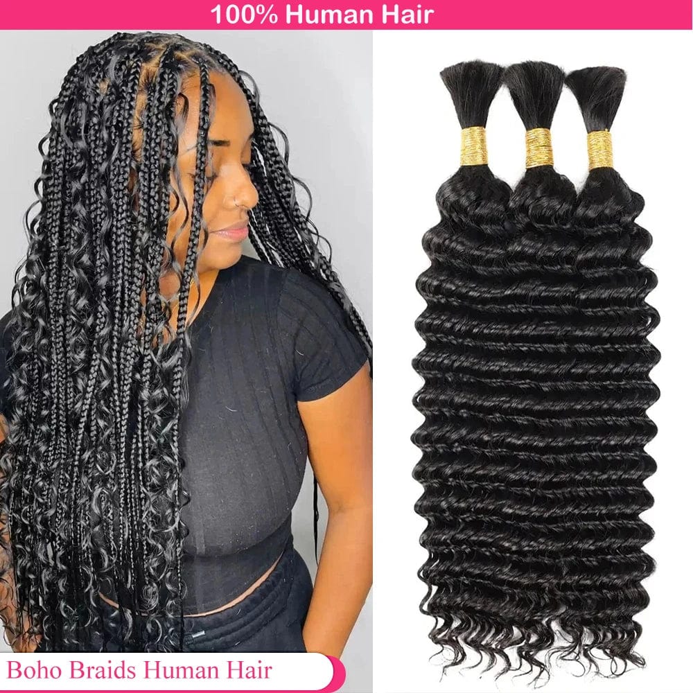 SHOWLU FASHION STORE Berracy Deep Wave Brazilian Remy Human Hair Bulk for Boho Braids, unprocessed, no weft, natural deep wave texture
