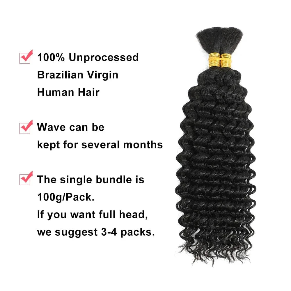 Deep wave Brazilian Remy human hair bulk for boho braids, unprocessed, no weft, ideal for natural, textured braid extensions.