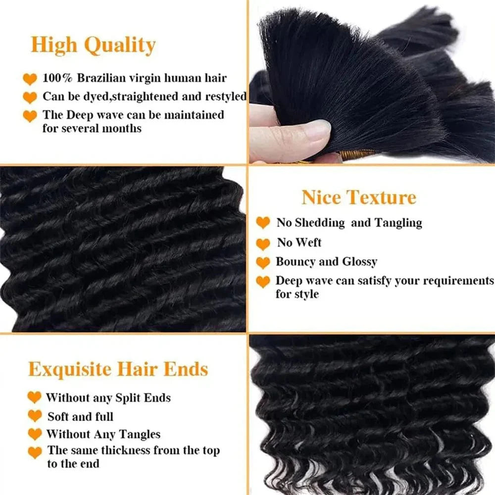 Deep wave Brazilian Remy human hair bulk for boho braids, unprocessed, no weft, suitable for natural-looking extensions.