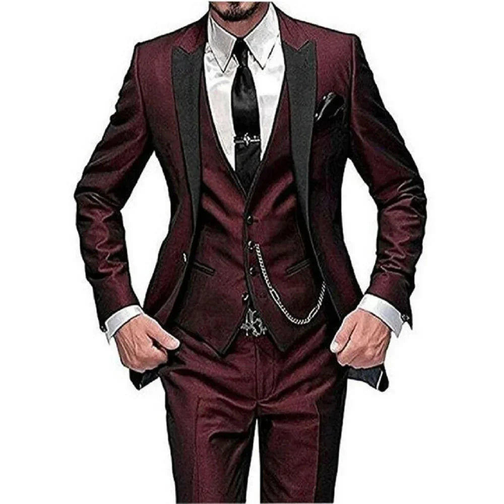 Luweds Burgundy 3-piece slim fit men's suit by SHOWLU FASHION, Italian style tuxedo set with jacket, pants, and vest for formal occasions.