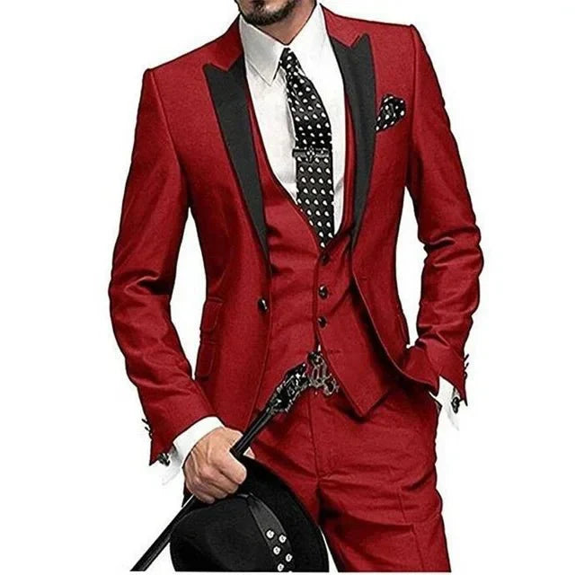 Burgundy 3-piece slim fit men's Italian style tuxedo suit with jacket, pants, and vest, ideal for groom, prom, or wedding.
