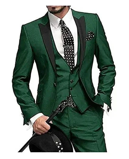 Elegant burgundy 3-piece slim fit men's suit set with jacket, pants, and vest, perfect for formal occasions and weddings.
