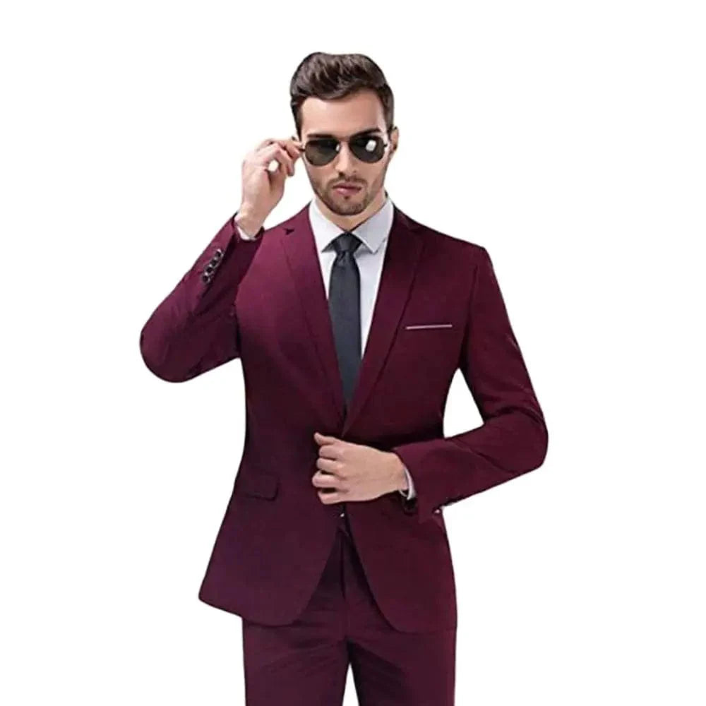 Men's burgundy slim fit 2-piece suit with notch lapel and single-breasted jacket, stylish formal tuxedo by SHOWLU FASHION.