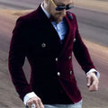 Showlu Fashion Burgundy Velvet Smoking Jacket for men, slim fit double-breasted blazer with luxurious velvet fabric.