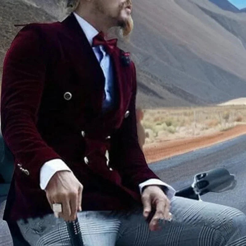 Men's burgundy velvet smoking jacket by SHOWLU FASHION STORE, slim fit double-breasted blazer with casual and grooms fashion style.