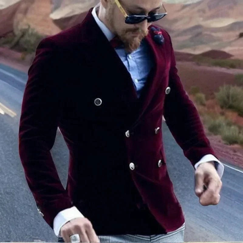 Men's burgundy velvet smoking jacket by SHOWLU FASHION, slim fit double-breasted blazer with casual and grooms fashion style.