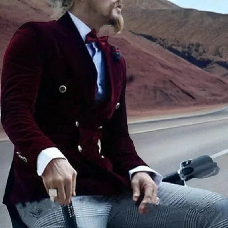 Men's burgundy velvet smoking jacket by SHOWLU FASHION STORE, slim fit double-breasted blazer with casual and grooms fashion style.