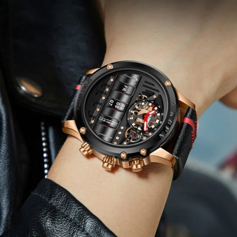 Gorben men's quartz wristwatch with leather strap, creative rotate date display, suitable for business casual and sport styles