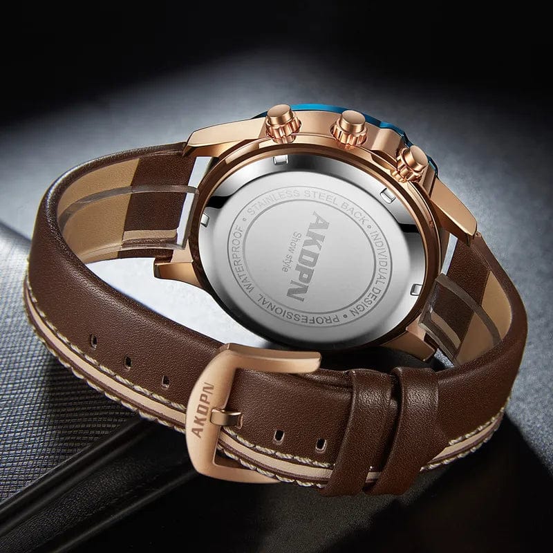 Gorben men's quartz wristwatch with leather strap, creative rotating date feature, suitable for business-casual and sport styles.