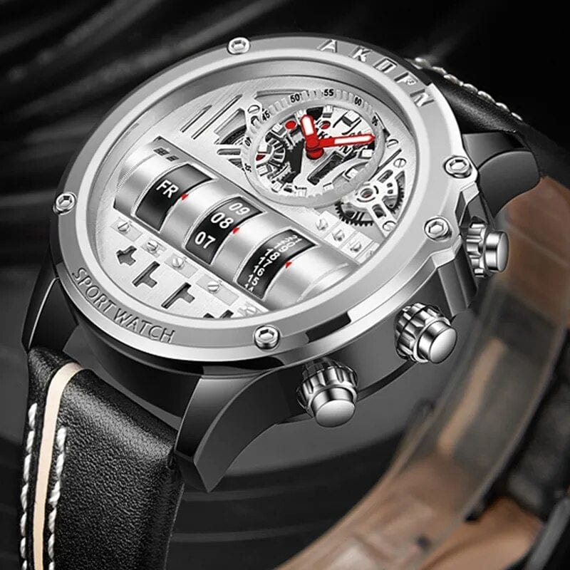 Gorben men's quartz watch with a leather strap, creative rotate date display, suitable for business casual and sporty style.