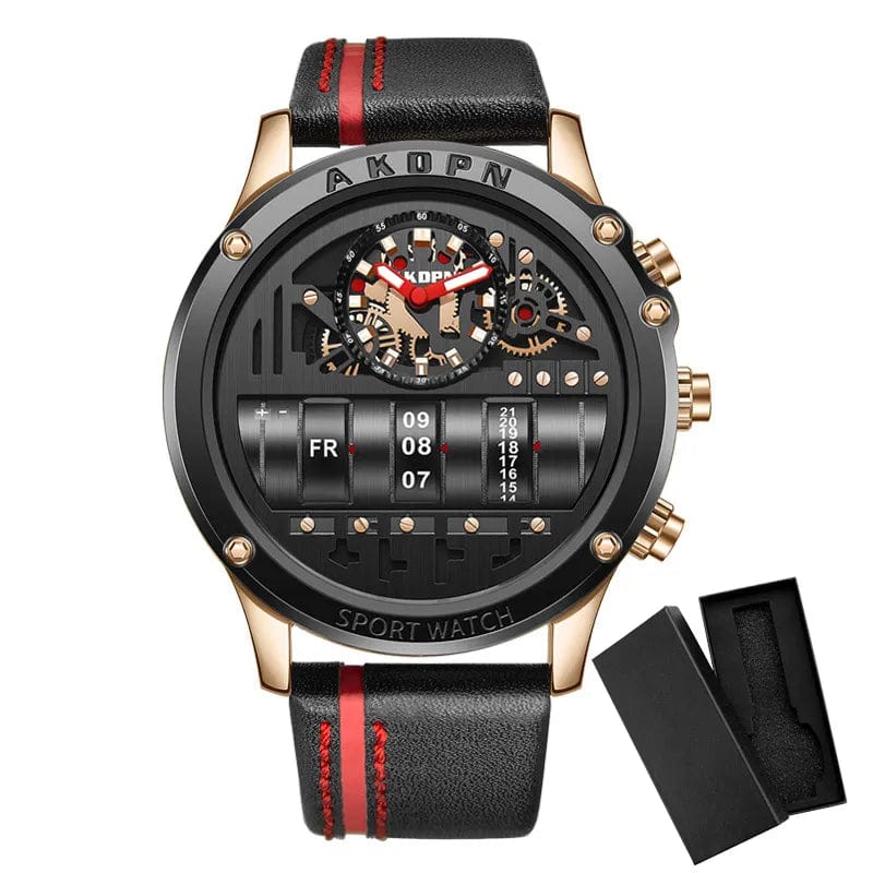 Gorben men's quartz watch with leather strap, creative rotate date feature, and sporty design for business casual and military style.
