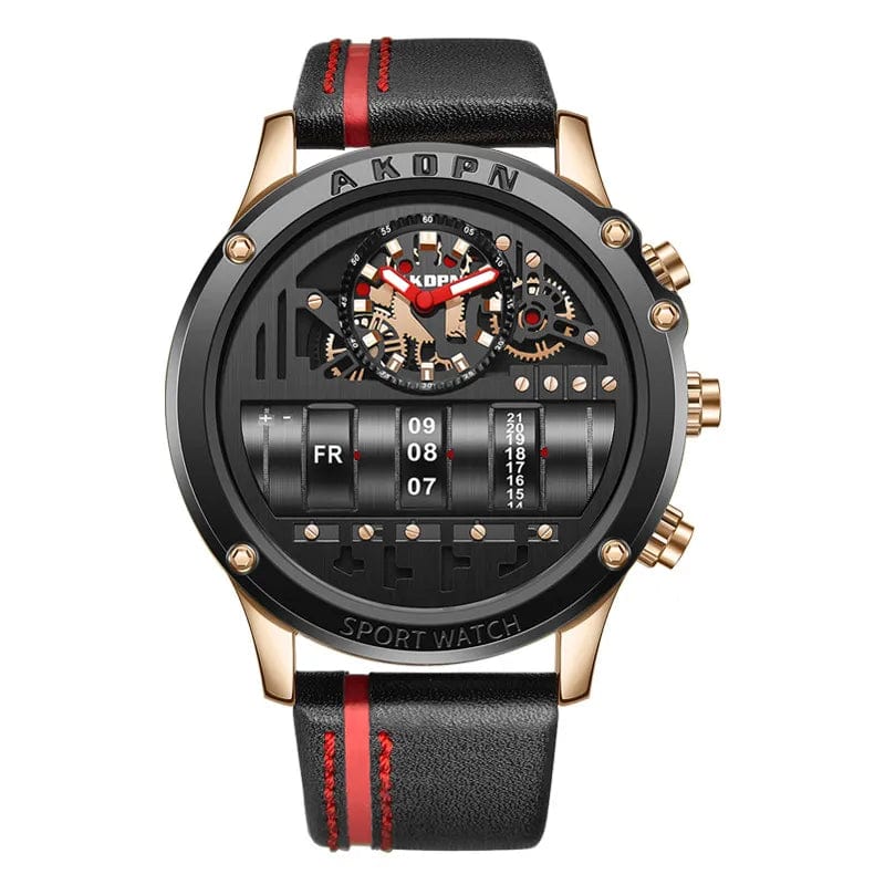 Gorben men's quartz watch with a leather strap, creative rotate date display, suitable for business casual and sport wear.