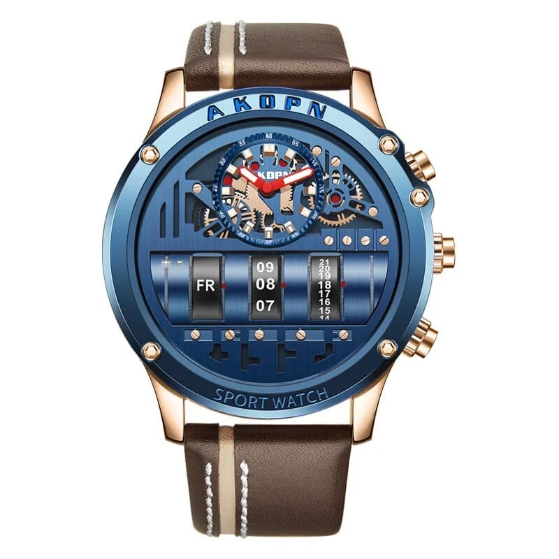 Gorben men's quartz wristwatch with leather strap, creative rotate date display, for business casual and sport styles.