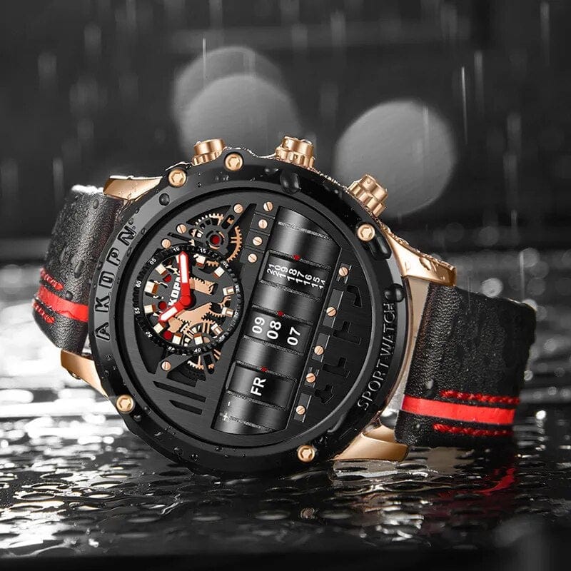 Gorben men's quartz watch with a leather strap, creative rotate date feature, suitable for business-casual and sport wear.
