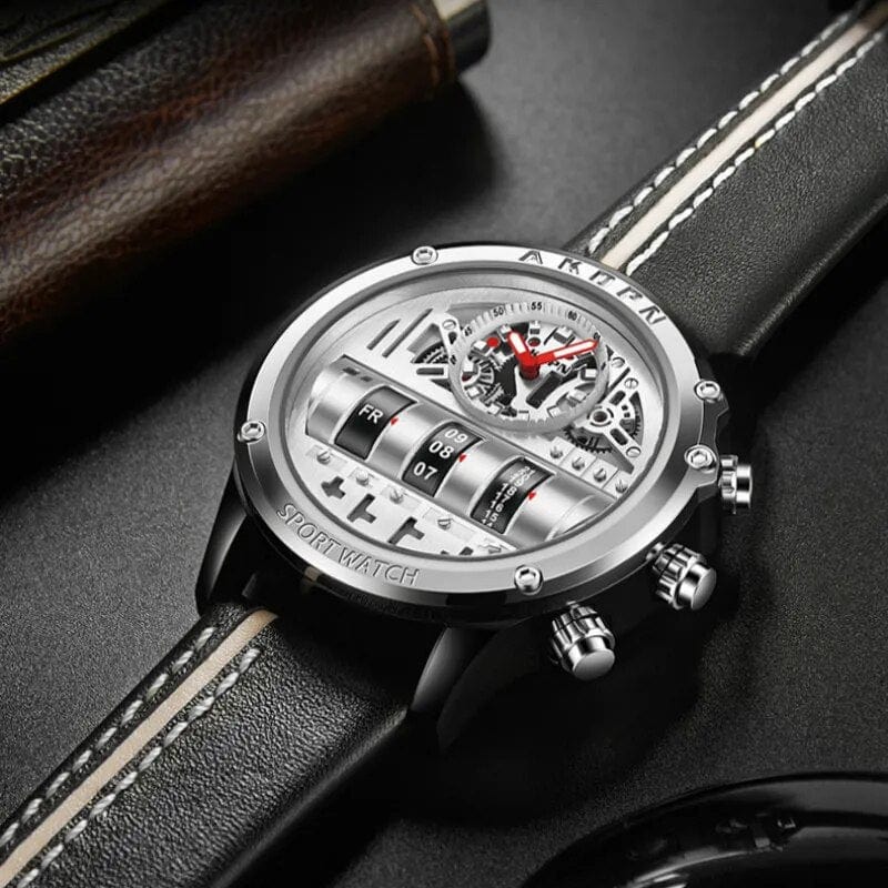 Gorben men's quartz watch with leather strap, creative rotate date display, sporty and military-style wristwatch for men.