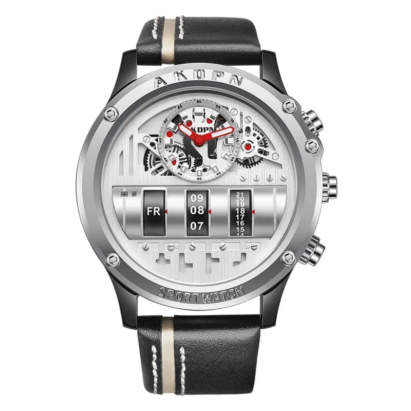 Gorben men's quartz watch with leather strap, creative rotate date display, suitable for business casual and sport occasions