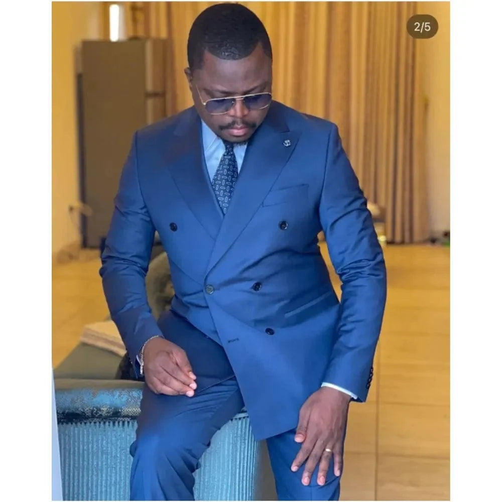 Men's double-breasted suit from Showlu Fashion Store, slim fit wedding tuxedo with peaked lapels and tailored blazer set.