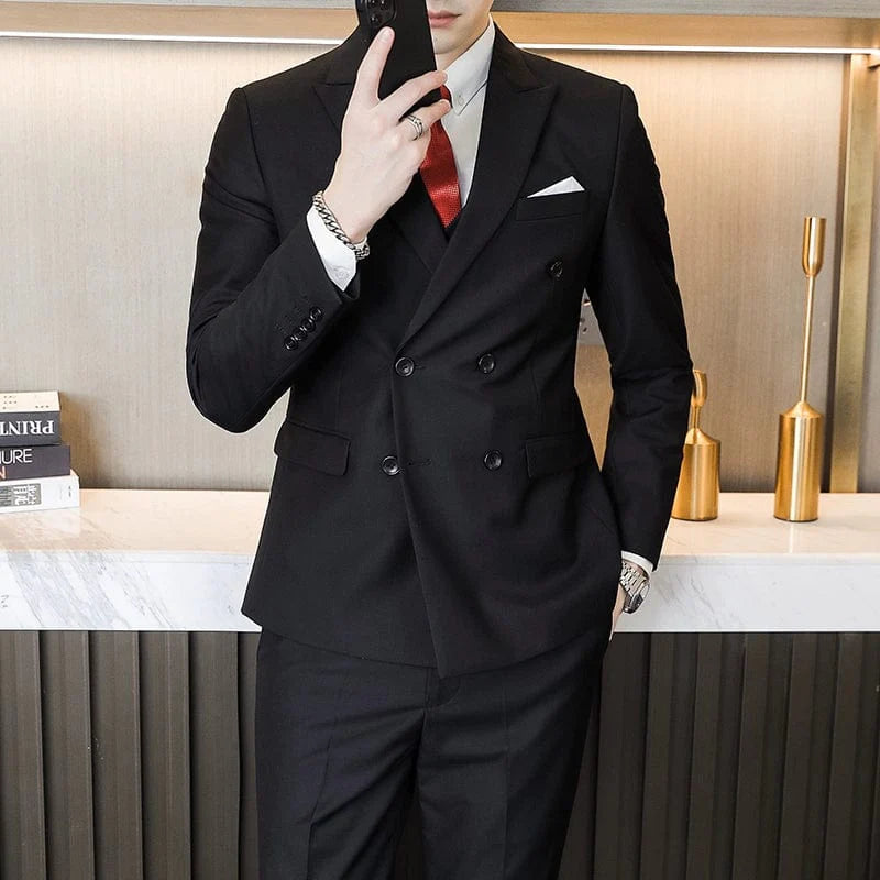 Showlu men's double-breasted business suit in solid color, slim fit, tailored for a professional look, displayed on a hanger.