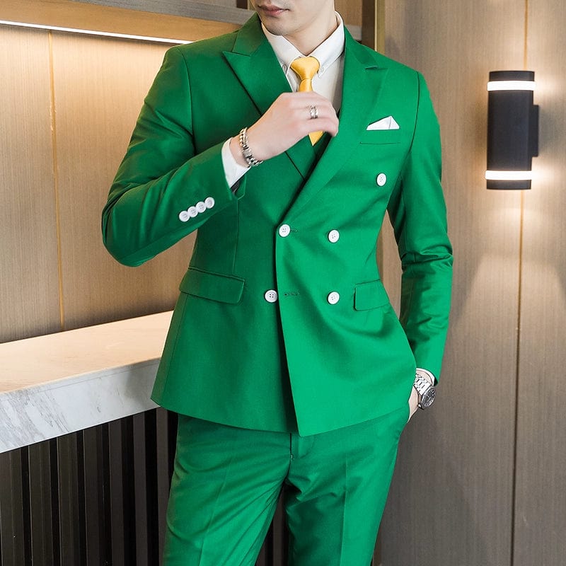Showlu men's double-breasted business suit in solid color, slim fit, tailored for a professional look.