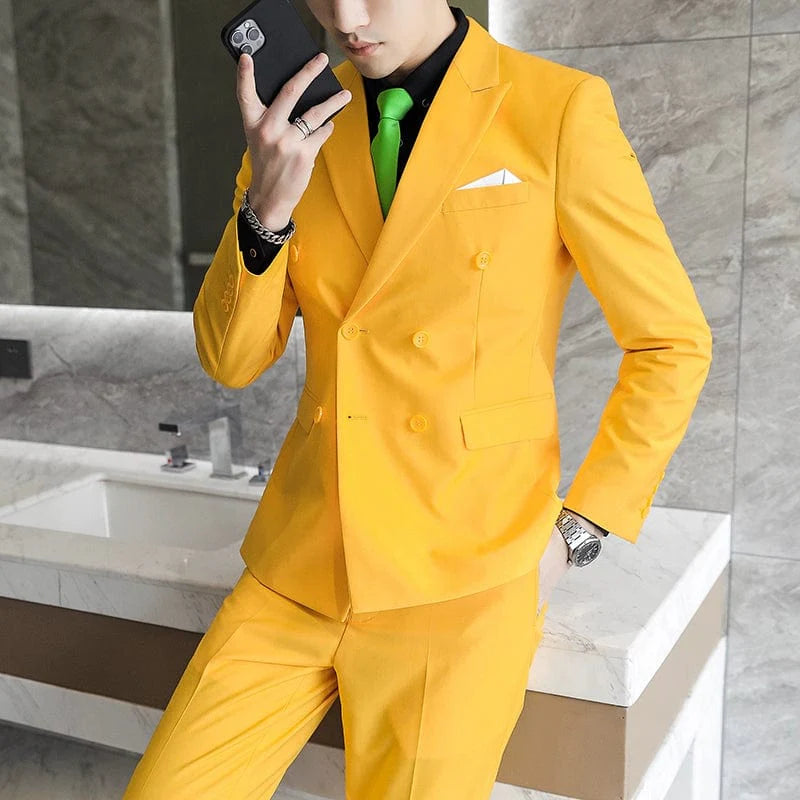 Showlu men's double-breasted business suit in solid color, slim fit, tailored for a professional look, shown in the image.
