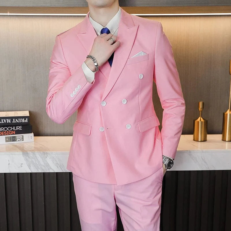 Showlu men's double-breasted business suit in solid color, slim fit, tailored for a professional look, shown in the image.