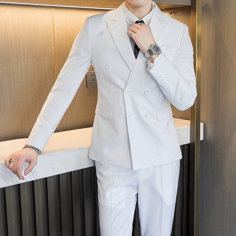 Showlu men's double-breasted business suit in solid color, slim fit, tailored for a professional look, displayed on a model.