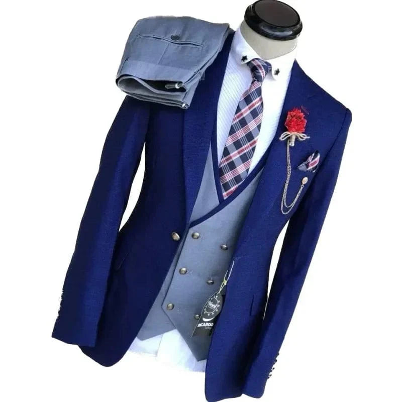 Men's 3-piece skinny fit business suit with wool blend fabric, notch lapel tuxedo, double-breasted vest, ideal for wedding or formal events.