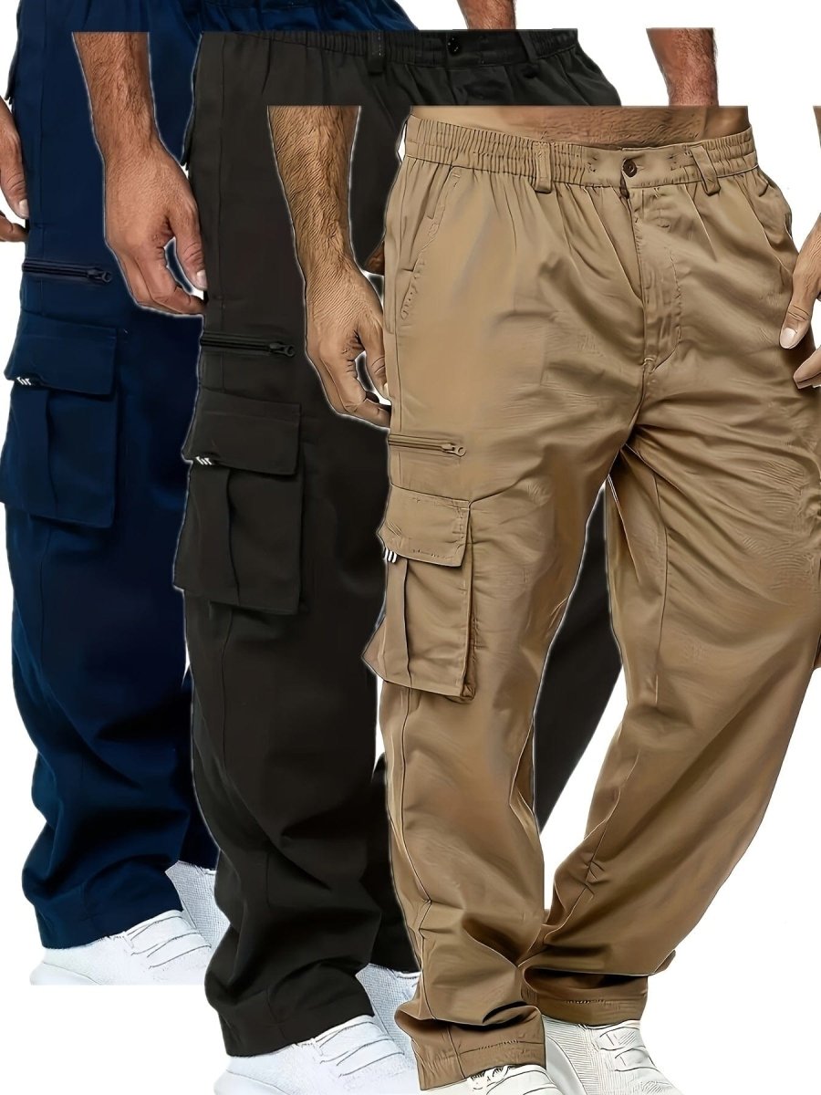SHOWLU Men's loose fit cargo pants in solid color, water-resistant polyester, breathable and durable for outdoor activities.