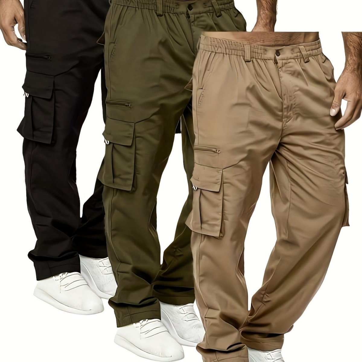 SHOWLU Men's loose fit cargo pants in solid color, water-resistant polyester, breathable and durable for outdoor activities.