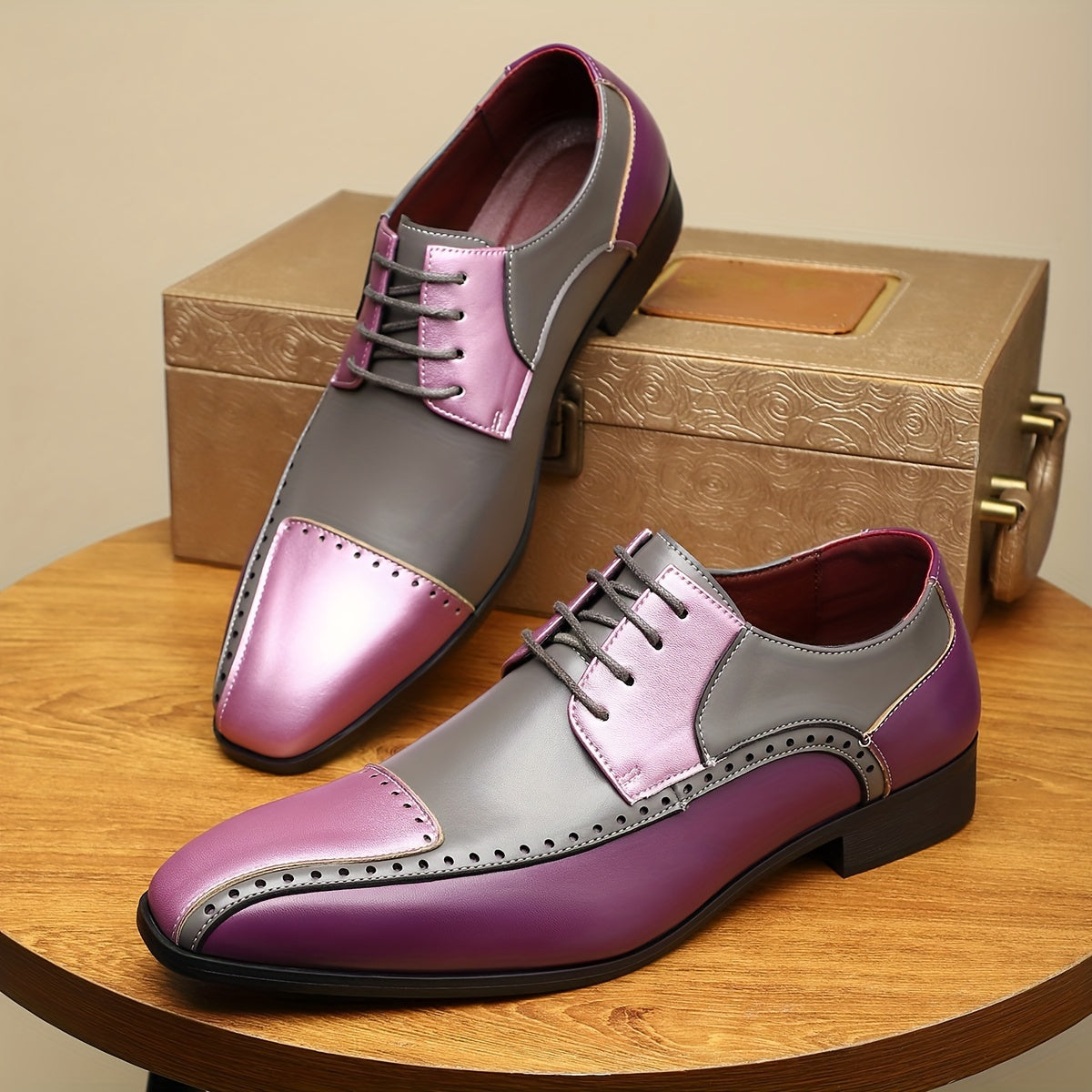 QRL Men's spliced lace-up formal shoes with square toe design, made of black PU leather, suitable for casual and formal wear.