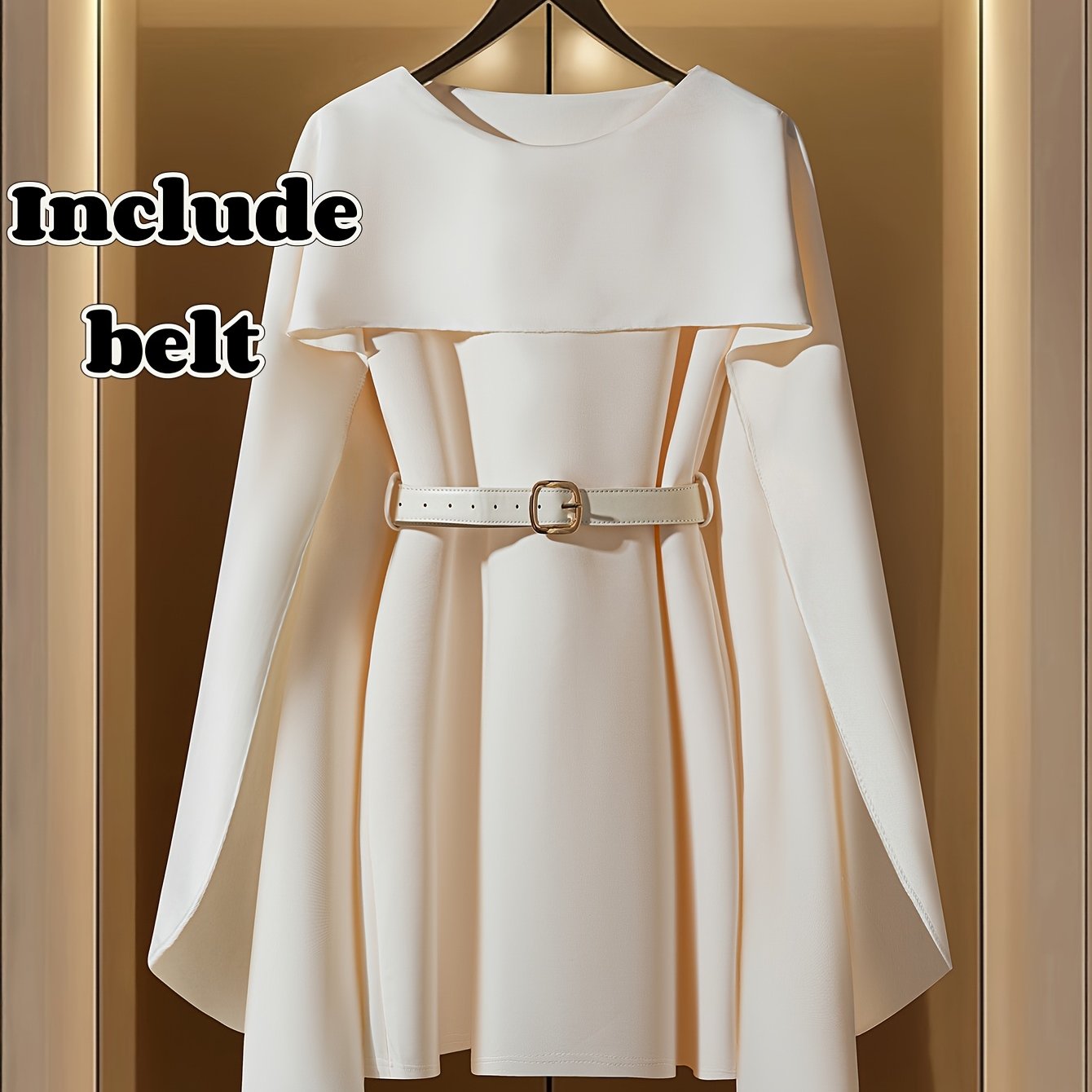 Women's apricot A-line dress with puff sleeves and a belted waist from SHOWLU FASHION, perfect for stylish midi occasions.