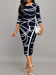 Women'S Stylish Elegant Long-Sleeved Printed Hip Dress