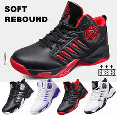 Men's High-Top Basketball Shoes - Stylish & Sporty, Breathable Synthetic Faux Leather with Non-Slip Rubber Sole, Comfortable for Daily Wear & Athletic Activities, Black & Red with Basketball Emblem, Basketball Accessories