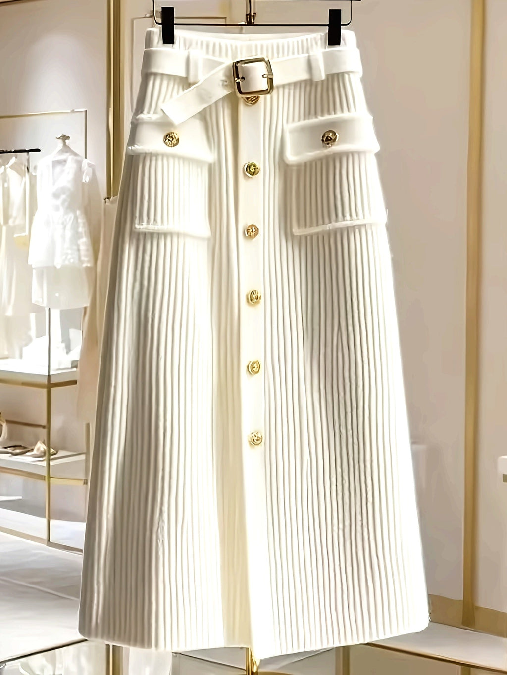 White midi knit skirt by SHOWLU FASHION STORE featuring a high-waisted, elegant design for a chic, versatile look.
