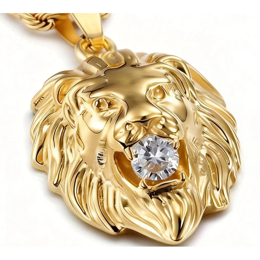 Golden lion head pendant necklace by Showlu Fashion, stainless steel hip-hop jewelry with detailed lion design, close-up view.
