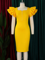 Elegant Dresses For Woman 2025 New Square Neck Ruffles Sleeve Solid Sheath Mid Calf High Quality Ladies Birthday Party Dinner Wear Vestidos Mujer Clothes Wholesale