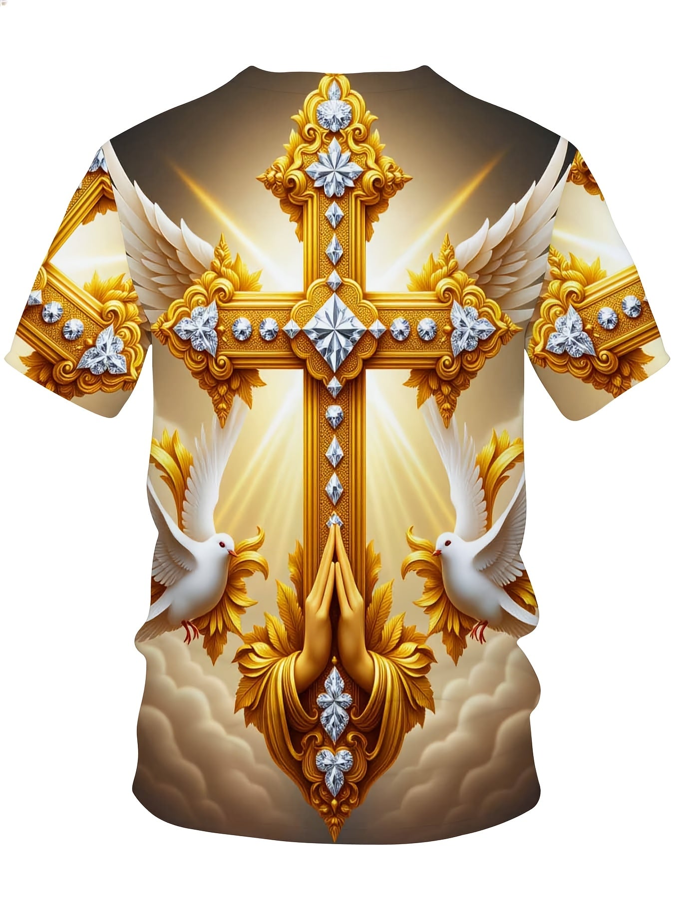 Showlu Men's Golden Cross Wings T-Shirt featuring a Christian faith design on a polyester top, displayed on a white background.