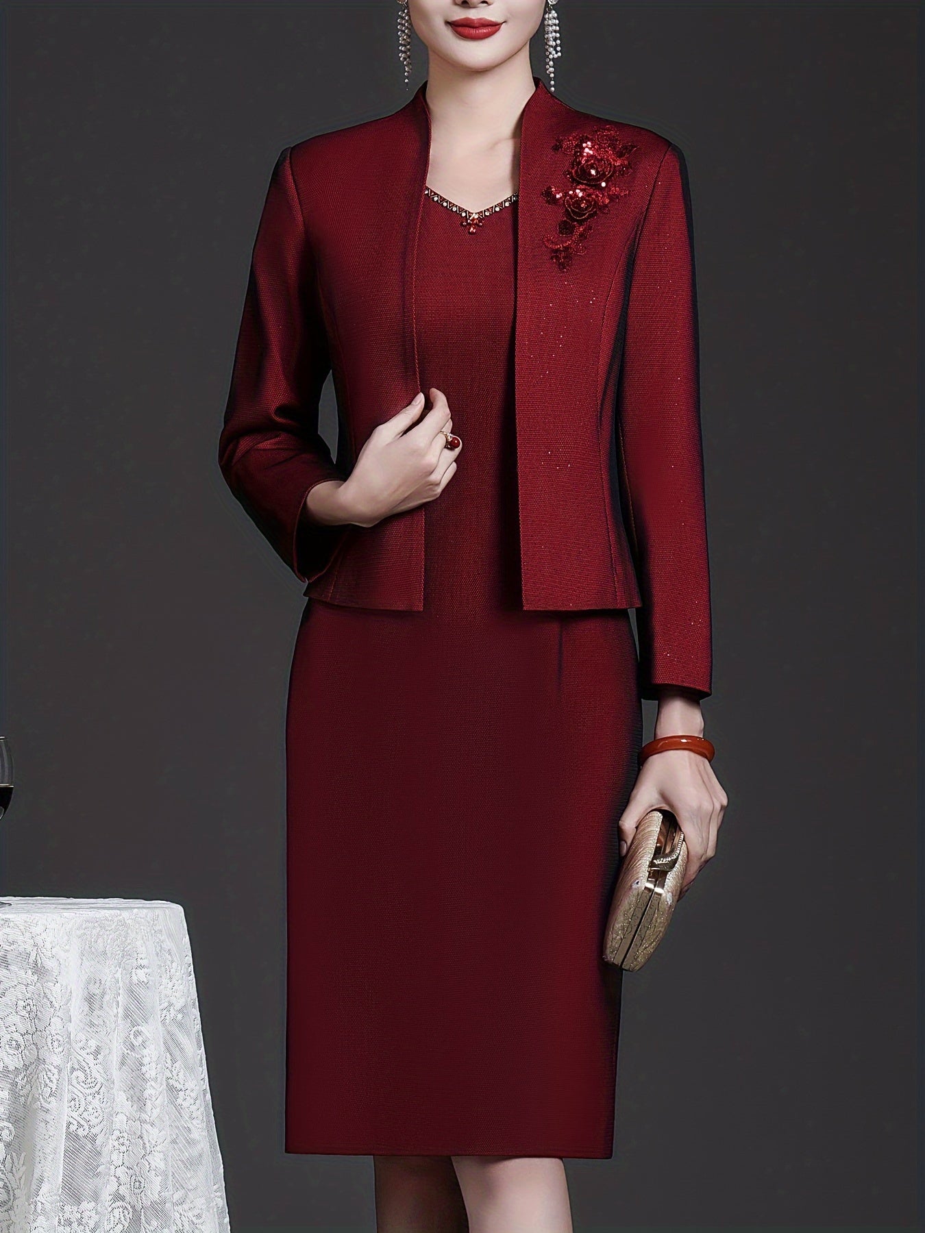 Wine red two-piece dress set from SHOWLU FASHION with floral embroidery, featuring a sundress and matching top.