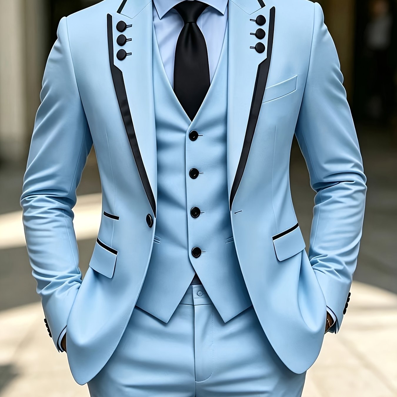 Men's black suit set with lapel and fringed design, formal party and festival style, includes three pieces for wedding or graduation.