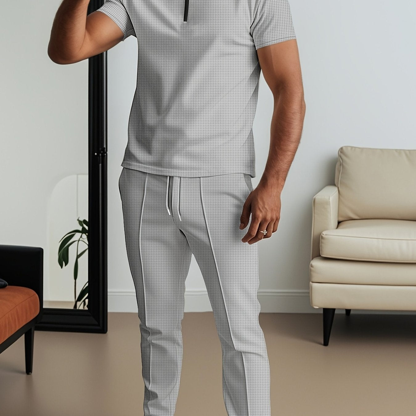 SHOWLU Men's waffle texture short sleeve shirt and matching pants 2-piece set, casual and comfortable fashion ensemble.